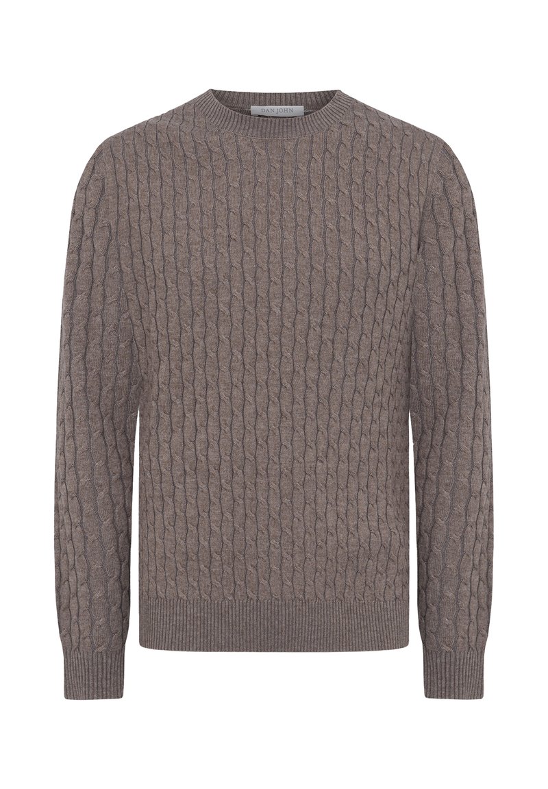 Brun kabelstrik sweater med rund halsudskæring, ribbede manchetter og fald. Stof er struktureret og har hævede mønstre over det hele.