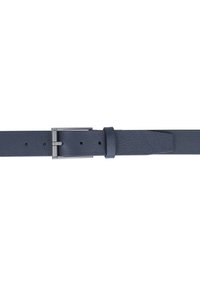 Cinturón de cuero azul marino con acabado texturizado, que presenta una hebilla rectangular de metal plateado y varios agujeros de ajuste para el tamaño.