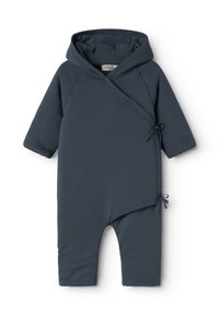 Hooded babydräkt i mörkblått. Mjukt tyg med omslagdesign, som har knytningar på ena sidan och långa ärmar. Framlåsning med knappar.