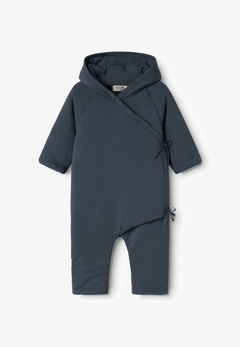 Kojenecké body s kapucí v tmavě modré barvě. Měkká tkanina s překládaným designem, s vázáním na jedné straně a dlouhými rukávy. Přední otvor se zapínáním na patentky.