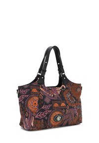 Borsa a tracolla con base in tessuto nero caratterizzata da intricati motivi floreali e fogliari in arancione, rosa e viola. Cinghie e dettagli in pelle nera.