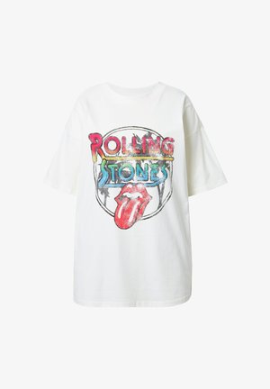 Biała, oversize'owa koszulka z kolorową grafiką Rolling Stones, z czerwoną językiem i zabawnym tekstem, wykonana z miękkiego materiału bawełnianego.