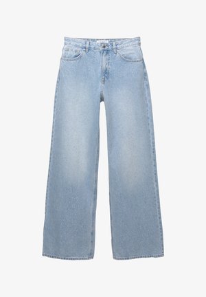 Svijetloplave široke traperice izrađene od denima, s izblijedjelom teksturom i raspršenim suptilnim metalnim naglascima. Dizajn s pet džepova i zatvaranjem na dugme.