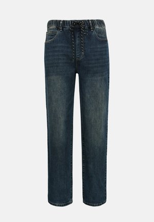 Tumedat sinist värvi teksapüksid elastse vöökoha ja musta-valge kinnitusnööriga, sirge säärega lõige ja esimesed taskud.