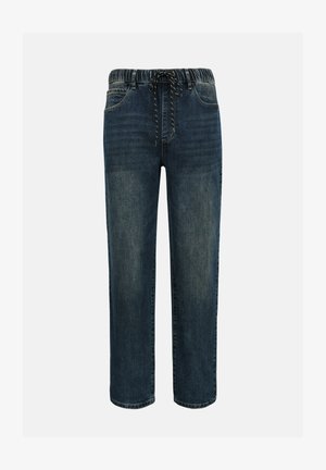 Jeans in denim blu scuro con cintura elastica e laccio nero e bianco, vestibilità a gamba dritta e tasche anteriori.