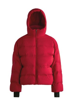 Rote Steppjacke mit Kapuze, Reißverschluss, gesteppter Optik und elastischen Bündchen. Glatte Oberfläche; kurze Länge.