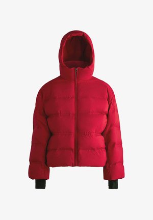 Červená nafúknutá bunda s kapucňou, so zapínaním na zips, prešívaným dizajnom a elastickými manžetami. Hladká textúra; skrátená dĺžka.