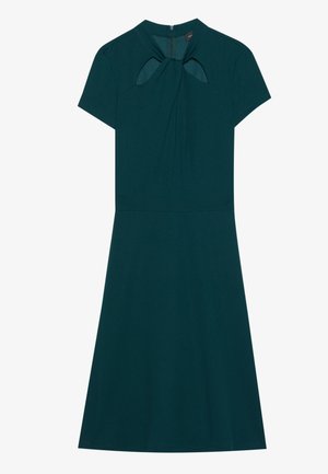Teal dress with short sleeves, featuring a tie neck detail and cutouts at the shoulders. Smooth fabric, A-line silhouette. Zipper closure at the back.
