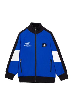 Blue and black zip-up jacket with white stripes on sleeves, Bugatti logo and emblem on chest, and two front zippered pockets.