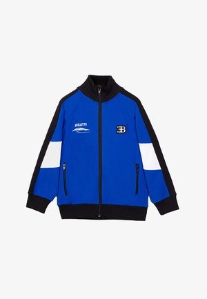 Blue and black zip-up jacket with white stripes on sleeves, Bugatti logo and emblem on chest, and two front zippered pockets.