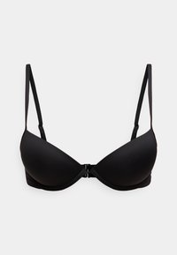 Μαύρο σουτιέν με μπανέλα, λείες ενισχυμένες θήκες, ρυθμιζόμενους ιμάντες και μπροστινό κλείσιμο. Κατασκευασμένο από μαλακό ύφασμα χωρίς ορατά σχέδια.