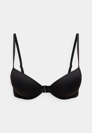 Schwarzer Bügel-BH mit glatten, gepolsterten Cups, verstellbaren Trägern und einem Verschluss vorne. Hergestellt aus weichem Stoff ohne sichtbare Muster.