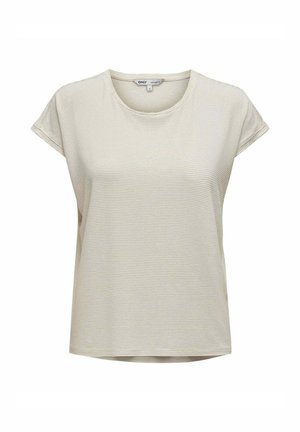 T-shirt a maniche corte beige chiaro con scollatura rotonda e sottili righe orizzontali. Realizzato in tessuto morbido con una vestibilità ampia.