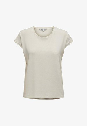 T-shirt a maniche corte beige chiaro con scollatura rotonda e sottili righe orizzontali. Realizzato in tessuto morbido con una vestibilità ampia.
