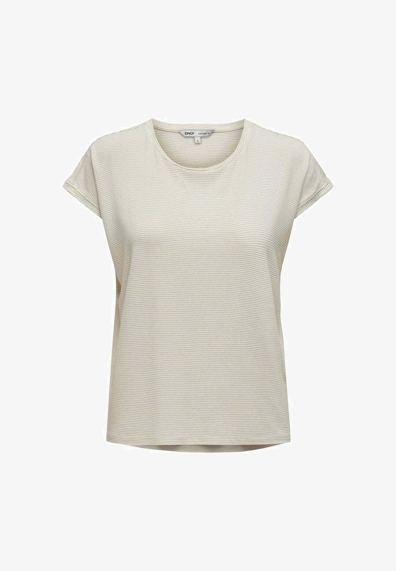 Licht beige T-shirt met korte mouwen en een ronde halslijn, met subtiele horizontale strepen. Gemaakt van zachte stof met een losse pasvorm.