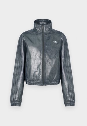 Žametno siva jakna z zadrgo, visokim ovratnikom, rebrastimi manšetami in tremi črtami na rokavih. Na prsih je majhen emblem.