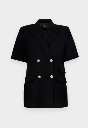 Mustakankainen pellavablazeri, jossa on lyhyet hihat, kaksoispainikeasu, kaksi sivutaskua ja kiiltävät hopeanväriset napit. Sujuva pinta ja istuva malli.