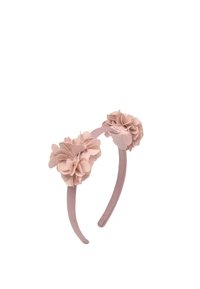 Fascia in tessuto rosa con due grandi decorazioni a fiore sovrapposte su ciascun lato.