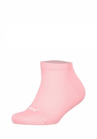 Rosa Knöchelsocke aus dehnbarem Stoff mit geripptem Muster. Besitzt ein weißes Logo an der Seite. Glatte Oberfläche, keine sichtbaren Muster.