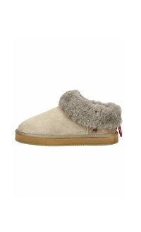 Beige suede slipper with gray fur collar, flat sole, and a red pull tab. Features stitched detailing and a small logo on the side.