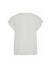 Top corto bianco con maniche a sbuffo, bordi arricciati, texture con sottili pois, scollatura rotonda e vestibilità rilassata.