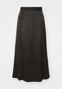 Sorte satin maxi skjørt med en glatt tekstur, elastisk midjebånd og sidesømmer. Gulvlengdes design fremhever flyt og fall.