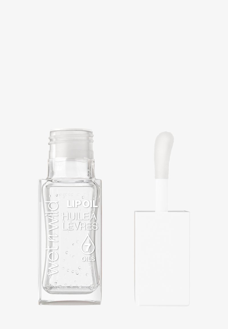Bouteille en verre transparent d'huile à lèvres avec une applicateur blanc. Présente un texte en relief et une texture semblable à de l'eau à l'intérieur. Forme rectangulaire.