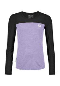 Long-sleeve shirt with a black upper section and a lavender lower section. Features a round neckline and a small white logo on the chest.