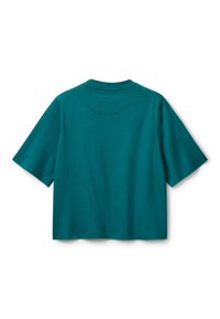 Teal krátký rukáv zkrácený tričko s kulatým výstřihem, zobrazeno zezadu na bílém pozadí.