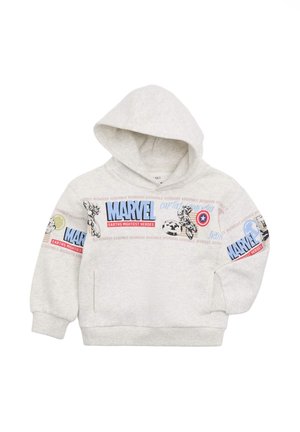 Lichtgrijze Marvel-hoodie met Avengers-tekst, Captain America-schild en schetsen van superhelden over de borst en mouwen, met zakken aan de voorkant.
