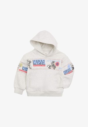 Felpa con cappuccio Marvel grigio chiaro con scritta Avengers, scudo di Capitan America e schizzi di supereroi sul petto e sulle maniche, con tasche frontali.