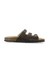 Sandalo scivoloso in suede marrone con intersuola in sughero, caratterizzato da punta aperta, design a ritaglio e suola in gomma nera per una buona presa.