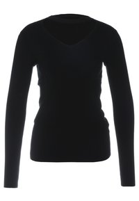 Svart långärmad topp med V-halsdesign och figurnära silhuett, tillverkad av stretchigt tyg. Slät textur utan ytterligare mönster eller detaljer.
