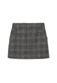 Grauer karierter Minirock mit vorderen Taschen und einem subtilen braunen Karomuster auf weißem Hintergrund.