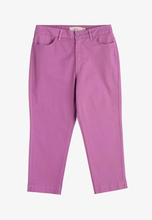 Helllila Baumwollhosen mit geradem Schnitt, zwei vorderen Taschen, einem Knopfverschluss und einer glatten Oberfläche. An den Knöcheln gesäumt.