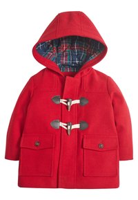 Abrigo de lana roja con capucha, con forro de cuadros, cierres de tipo toggles y dos bolsillos frontales. Textura suave y diseño estructurado.