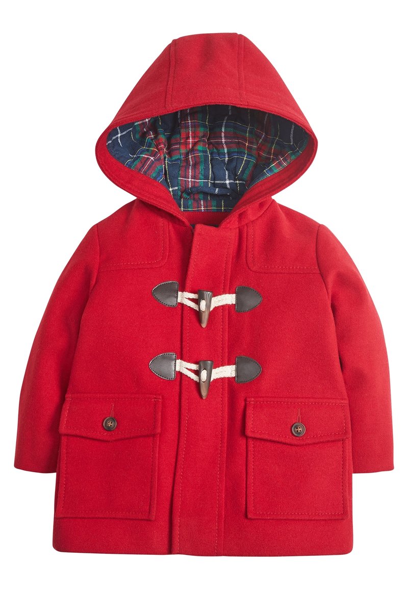 Abrigo de lana roja con capucha, con forro de cuadros, cierres de tipo toggles y dos bolsillos frontales. Textura suave y diseño estructurado.