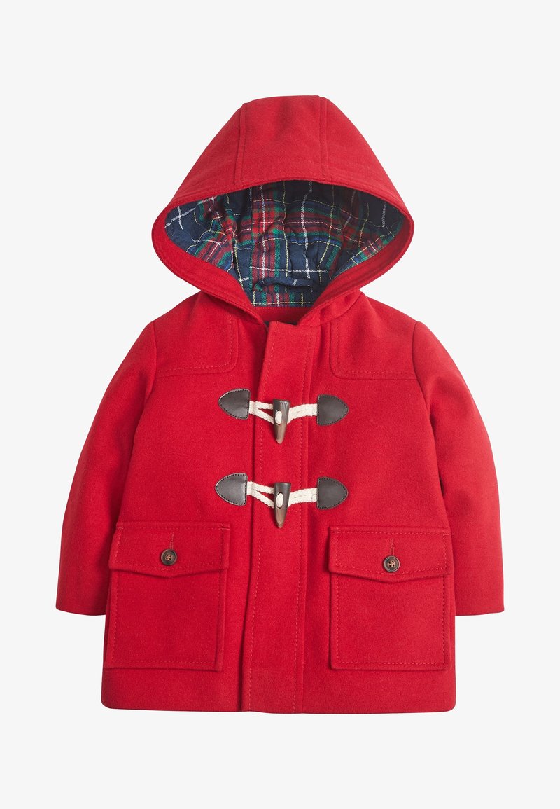 Rode wollen duffelcoat met een capuchon, voorzien van een geruite voering, togglesluitingen en twee voorkruiszakken. Glad textuur en gestructureerd design.