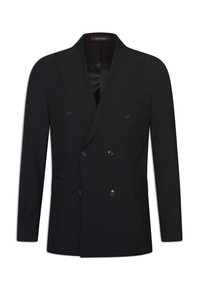 Dubbelbreasted zwarte blazer van gladde stof, met twee rijen knopen, een geknipte revers en zijzakken.