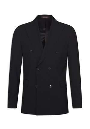 Schwarzer, doppelt geknöpfter Blazer aus glattem Stoff, mit zwei Reihen Knöpfen, einem Reverskragen und Seitentaschen.