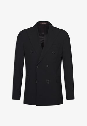 Schwarzer, doppelt geknöpfter Blazer aus glattem Stoff, mit zwei Reihen Knöpfen, einem Reverskragen und Seitentaschen.