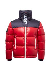 Red and navy puffer jacket featuring a high collar, zippered front, two side pockets, and a logo patch on the upper arm. Smooth texture.