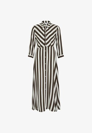 Hosszú, gombos ruha, amely merész barna és fehér függőleges csíkokkal díszített. Galléros kialakítás, hosszú ujjú és folyékony sziluettel.