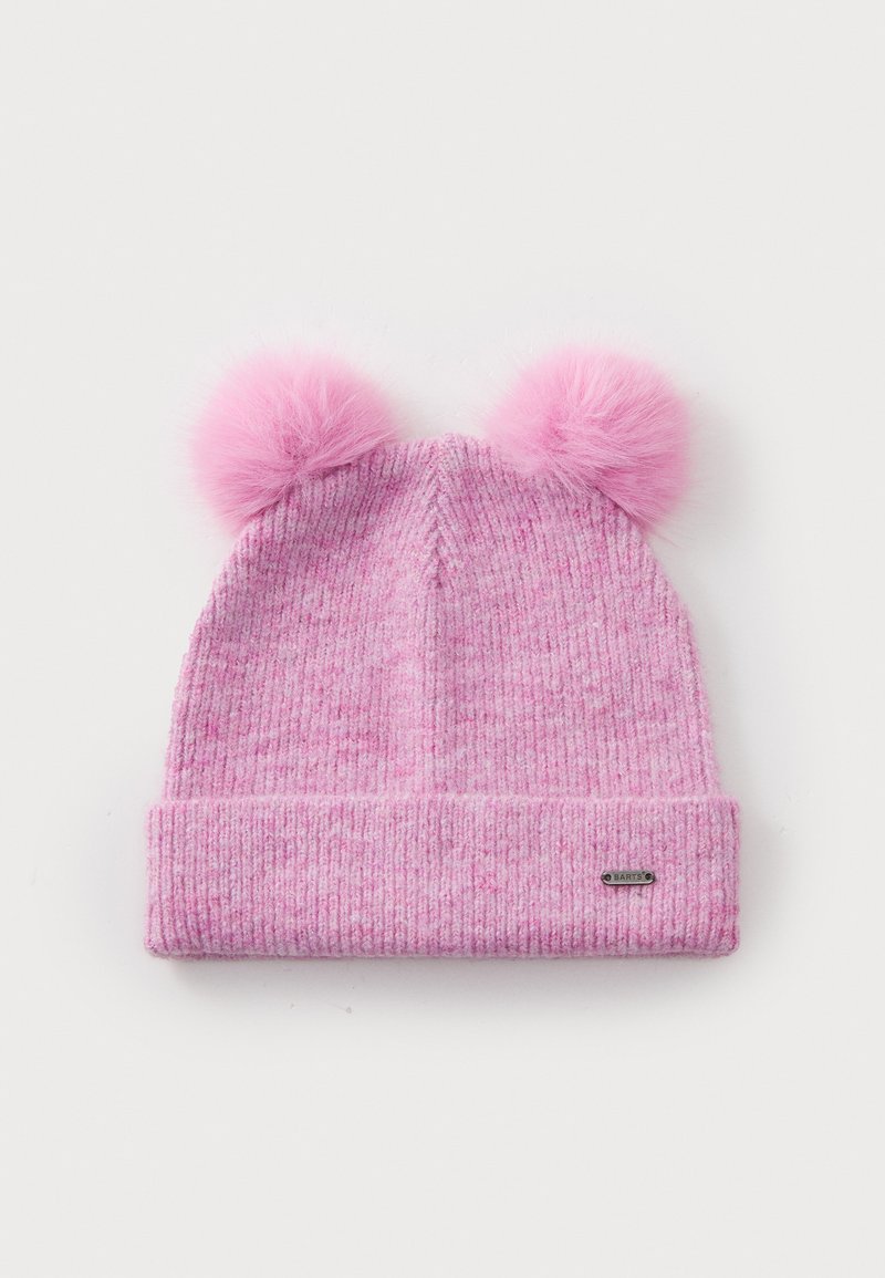 Culoare roz, caciulă tricotată cu două pompoane pufoase în vârf și o margine ruliată. Model tricotat texturat și etichetă mică a brandului pe lateral.