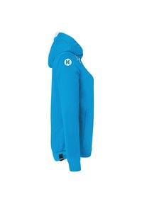 Sudadera con capucha en un vibrante azul, que cuenta con un bolsillo con cremallera, puños acanalados y un logo en el hombro izquierdo. Tela suave con un corte ajustado.