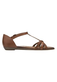 Braune Leder-Sandalen mit flacher Sohle, featuring geflochtenen Riemen und einem Knöchelriemen für einen sicheren Sitz. Glatte Textur und minimalistisches Design.