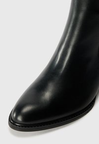 Botín negro de cuero hasta el tobillo con punta afilada, textura suave y costuras sutiles a lo largo de la suela. Diseño elegante y ajustado.
