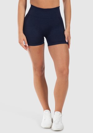 Shorts atletici blu navy a vita alta realizzati in materiale elastico, con una texture liscia e un design aderente che termina a metà coscia.
