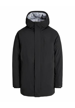 Schwarze Parkajacke mit Kapuze, ausgestattet mit einem Frontreißverschluss, zwei seitlichen Taschen, glatter Textur und kontrastierender Innenauskleidung.
