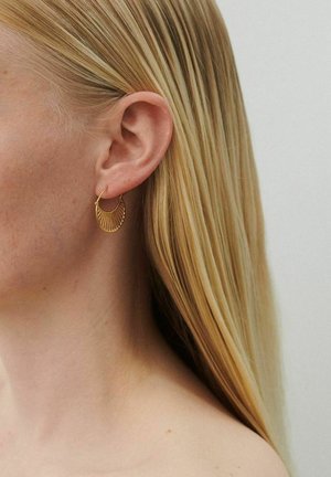 Artimos planas moters ausies su tiesiais blondiniais plaukais, dėvinčios mažą auksinį lankinį auskarą su vėduoklės formos dizainu.